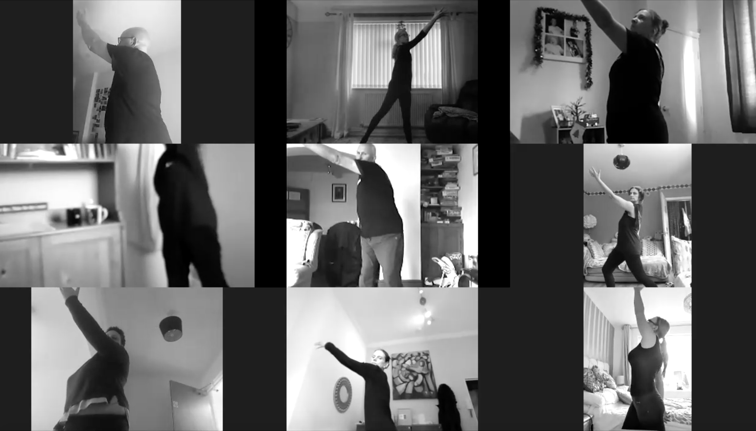 Black and white screenshot of dancers dancing in their homes on Zoom.