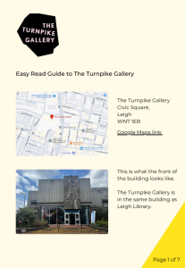 first page of the easy read guide to the Turnpike Gallery - shows a map and the front the building that houses the gallery - a grey brutalist building